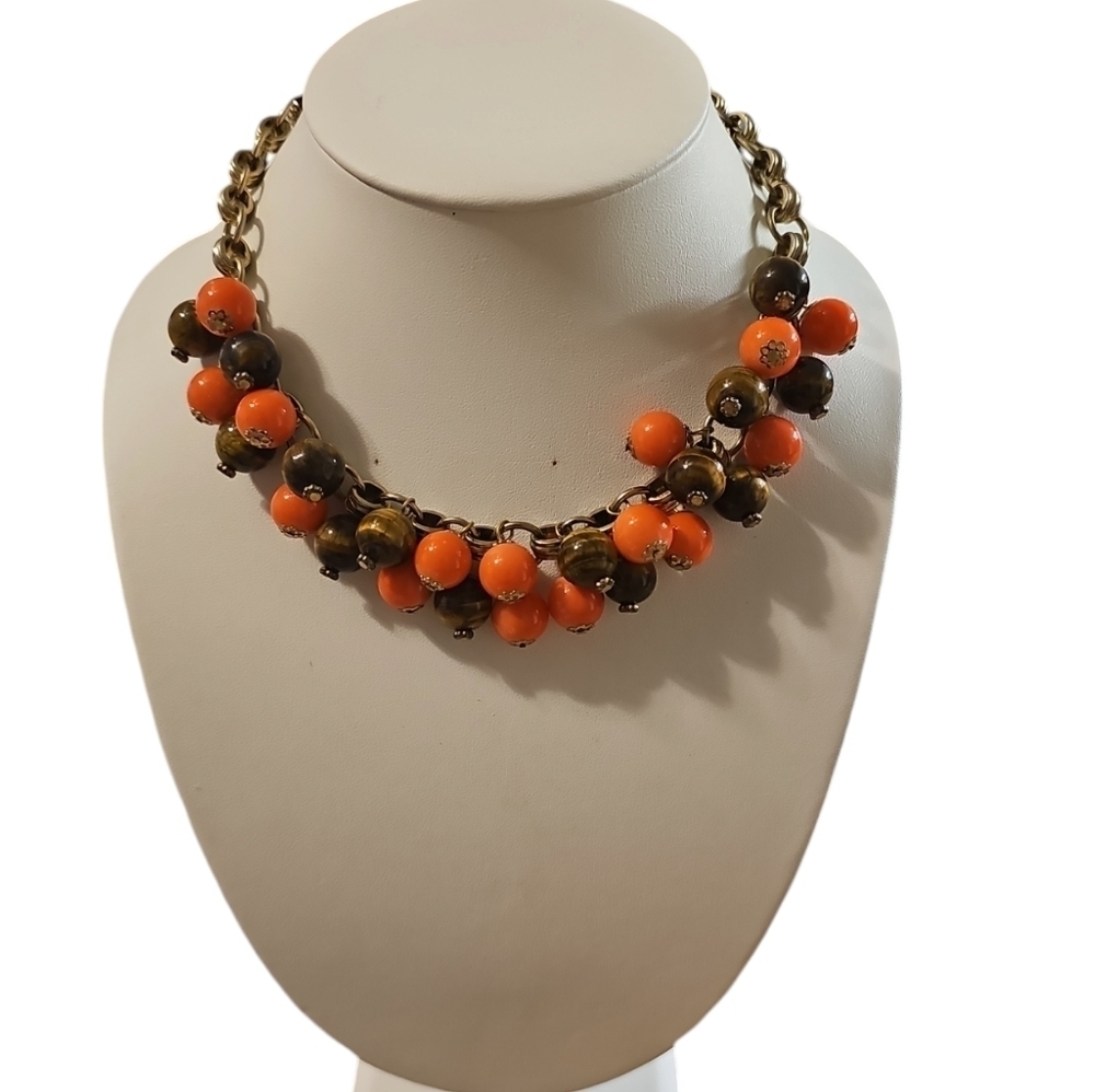 Vintage Tiger eye/coral gold tone choker